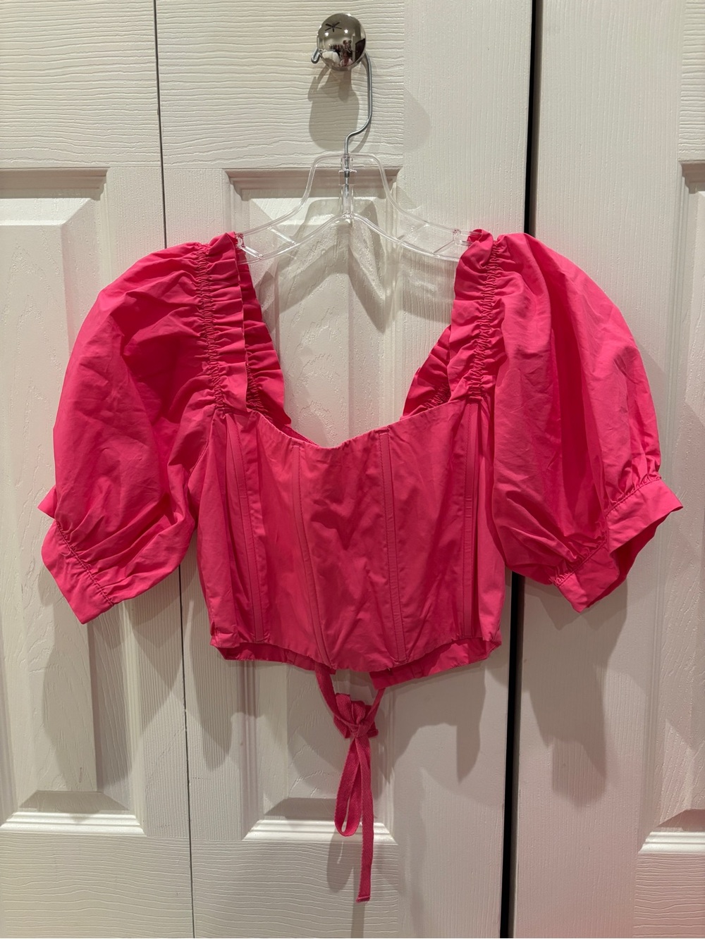 Olivaceous Hot Pink Puff Sleeve Tie-Front Crop Top